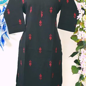 Classic Jet Black Cotton Kurta with Crimson Red Arrowhead Motifs