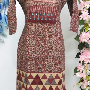 Rust Maroon Printed Cotton Kurta with Intricate Mirror-Work Yoke