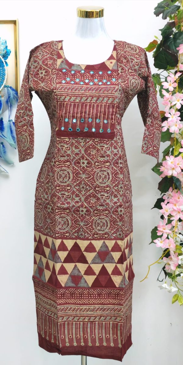 Rust Maroon Printed Cotton Kurta with Intricate Mirror-Work Yoke - Image 1