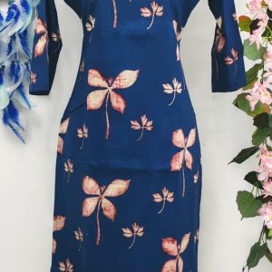 Indigo Blue Cotton Straight Kurta with Scalloped Neckline & Leaf Motif