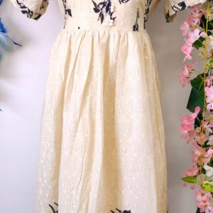 Ivory Cream Hakoba Cotton Flared Maxi Dress with Indigo Leaf Highlights