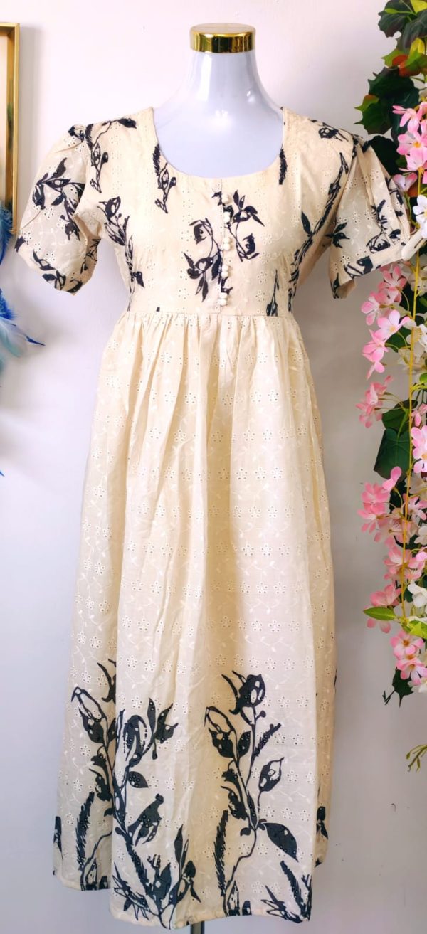 Ivory Cream Hakoba Cotton Flared Maxi Dress with Indigo Leaf Highlights - Image 1